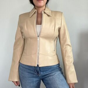 Identify Leather Jacket Women Size 10 Beige Lace Up Sleeve Zip Up Moto